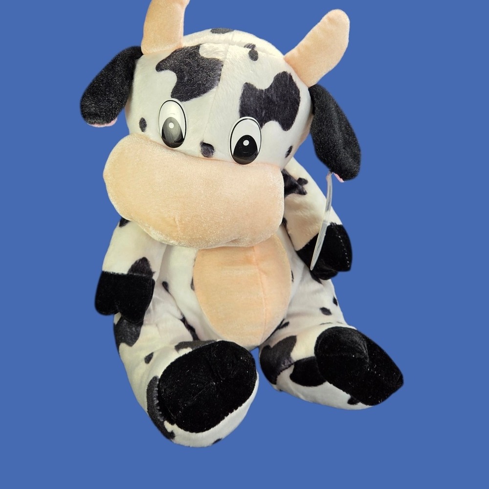 Plush Cow Stuffed Animal Black White Plastic Eyes Soft Lovey Plushie Calplush